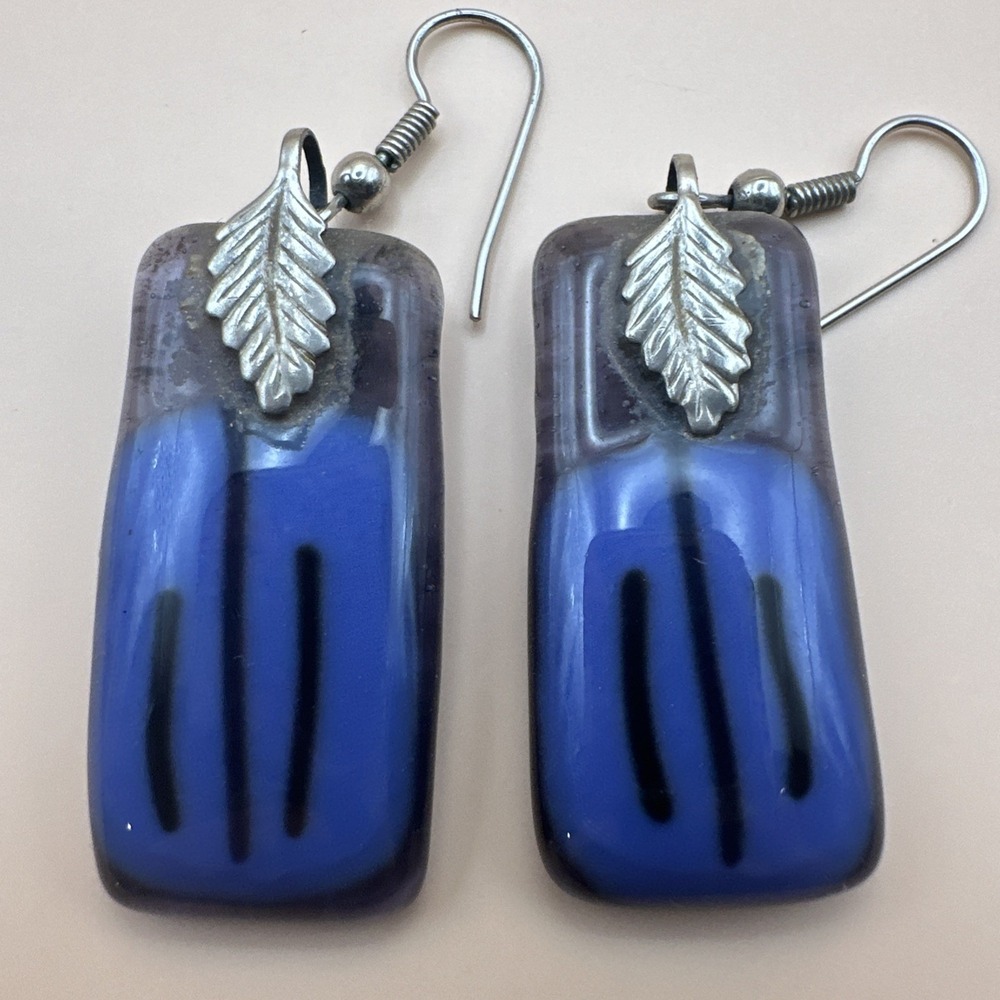 Handmade‎ Fused Glass Earrings Blue Rectangle with Silver Tone Leaf Accent